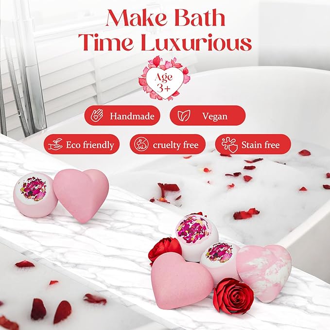 Valentines Bath Bombs Shower Steamers: Handmade Natural Bath Balls with Surprise for Women Gift Set - Relaxing Bubble Bathbombs Scented Rose Hearts Flower Romantic Birthday for Girls Kids Mom