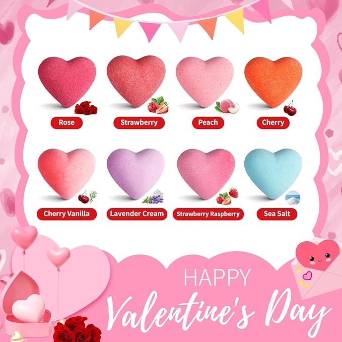 Valentine's Day Bath Bombs - 8PCS Bath Bomb for Women,8 Coloured Heart Shape,Valentine's Day Gifts for Girls Mom Family