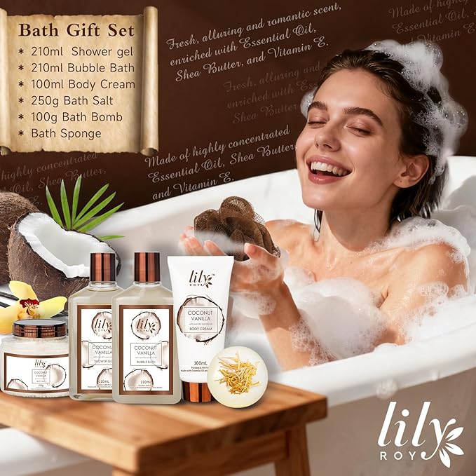 Christmas Gifts Bath and Body Gift Basket Set for Women & Men - 7Pcs Coconut Vanilla Spa Gift Basket Set for Women, Gift Set | Perfect Valentine's, Birthday, Mothers Day for Mom, Gift for All Occasion