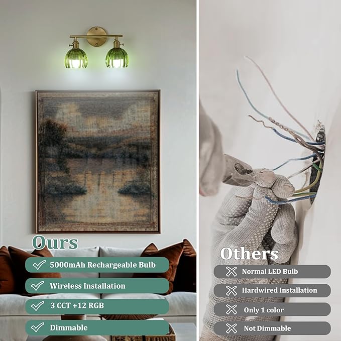 Battery Operated Bathroom Light Fixtures, 2-Light Brass Vanity Wall Light with 5000mAh Rechargeable Bulb Over Mirror with Green Tulip Glass Shade for Bedroom Living Room