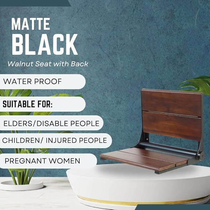 Walnut Shower Seat - Contour Wood / Folding Wall Mount Bench for Inside Shower / ADA Safety Aid / 304 Stainless Steel / Matte Black / 26" x 16"