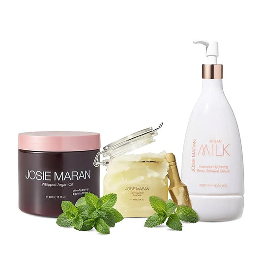 Josie Maran Let’s Do the Peppermint Twist Body Skin Care Set - Includes Argan Oil Whipped Body Butter, Sugar Body Scrub & Argan Milk Intensive Hydrating Body Renewal Serum (3 Pieces)