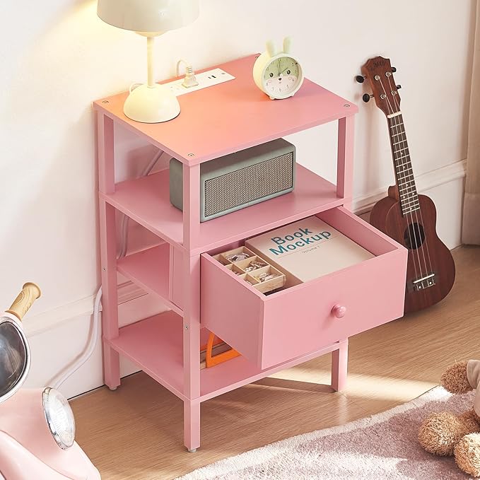 Lerliuo Nightstand with Charging Station and USB Ports, 3-Tier Storage Pink End Table with Drawer Shelf, Night Stand for Small Spaces, Wood Bedside Table for Living Room, Bedroom - ‌Light Pink