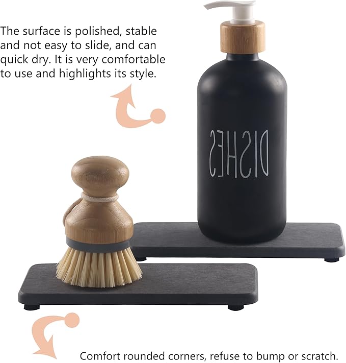 2 Pcs Water Absorbing Stone Trays, Kitchen/Bathroom Sink Soap Dish, Diatomite Tray Used for Hand Soap & Cosmetic Bottles in The Modern Home, 3.5" W x 7.1" L, Dark Gray