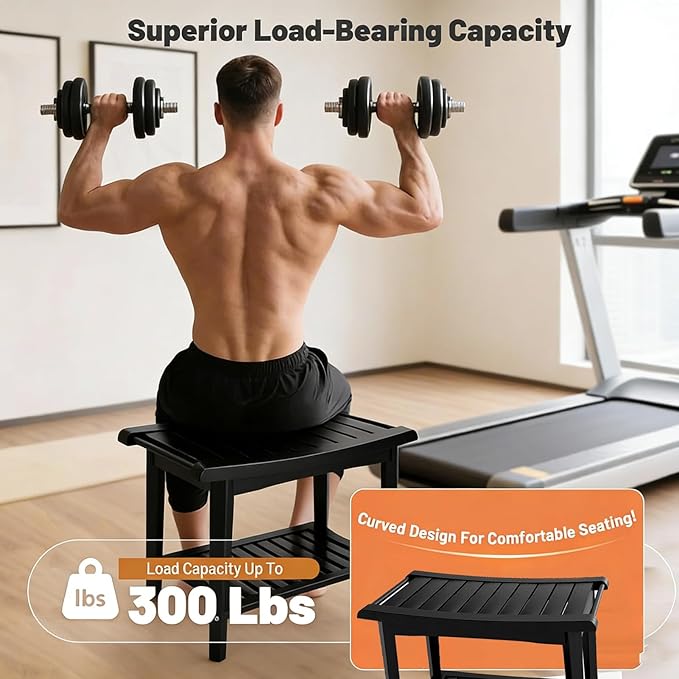 Bamboo Shower Bench with Storage Shelf, Waterproof Bath Stool for Bathroom, Spa Chair for Sitting, Shaving Legs, Elderly & Senior Safe, Heavy-Duty Bath Bench Chair, 23", 300 lbs Capacity (Black)