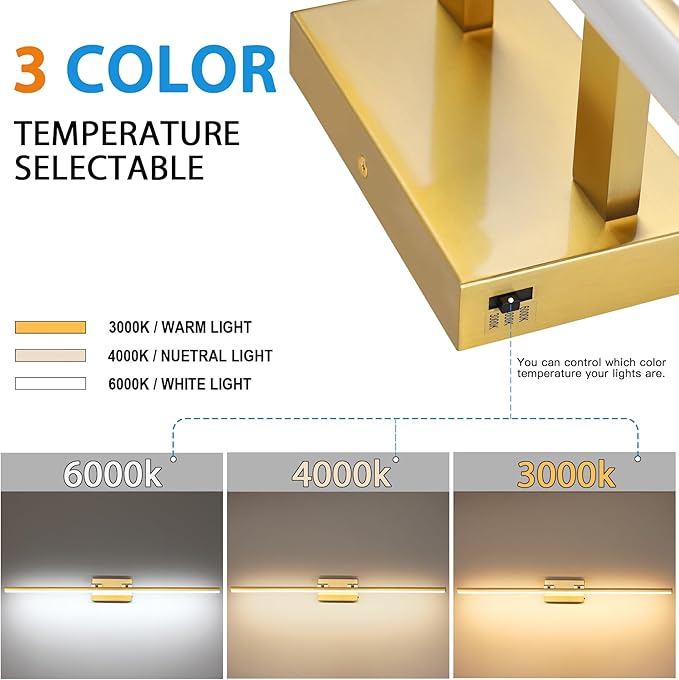 40 Inch LED Bathroom Vanity Light (3000K/4000K/6000K, Dimmable), Brass Modern Bathroom Light Fixture Over Mirror, Vanity Light Bar with Angle Adjustable