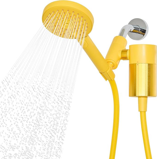 Sproos! - Handheld Showerhead with Filter Set, High Performance Filtration System for Healthier Hair and Skin, Extra Long 70 Inch Hose, 3 Customized Spray Functions, Yellow