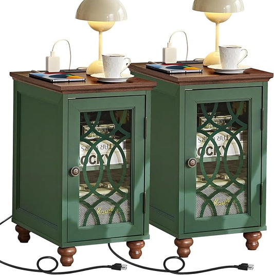Narrow Side Table with Charging Station Set of 2, Night Stand with Glass Door,Bedside End Tables with Adjustable Shelf Storage Cabinet,Wood Nightstand for Small Spaces Living Room Bedroom
