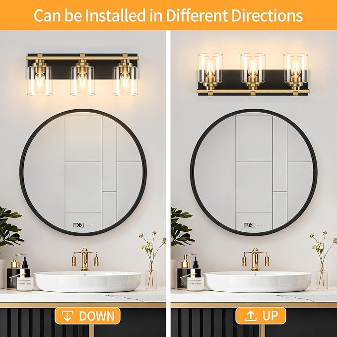 3 Light Modern Bathroom Light Fixtures Over Mirror, Black Gold Vanity Lights for Bathroom Wall Sconces with Clear Glass Shades, E26 Socket (Bulbs Not Included)