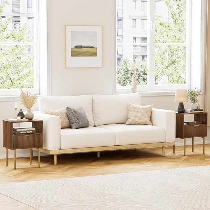 Masupu Night Stand,Mid-Century Modern Bedside Table with Storage Drawer and Open Wood Shelf,Small Gold Frame Side Table for Bedroom,Living Room, Walnut