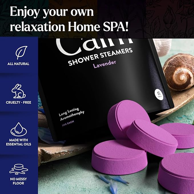 Miracle Made Lavender Aromatherapy Shower Steamers – Essential Oil Scented Shower Bombs for Relaxing, Calming Self-Care – 15 Shower Melt Tablets