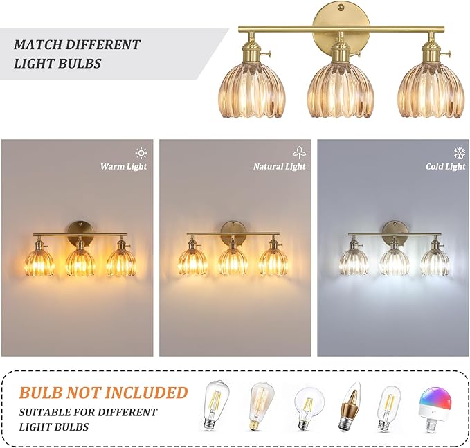 Bathroom Light Fixtures, 3-Light Brass Vanity Wall Light Over Mirror with Amber Tulip Glass Shade for Bedroom Living Room (Bulb Not Included)
