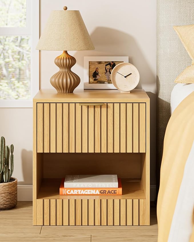 Nightstand, Modern Night Stand, Bedside Table with Drawer and Open Shelf, Cube Design, Side Table for Bedroom, Living Room, Oak