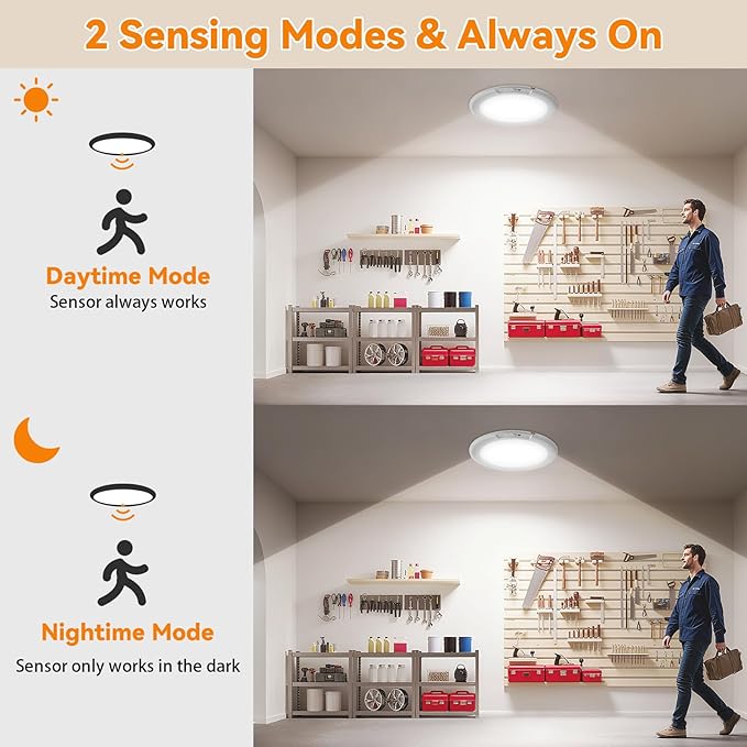 Rechargeable Ceiling Light 2Pack, 3 Color Motion Sensor Lights with Remote, Wireless Closet Light Battery Operated, Magnetic Dimmable LED Lights for Shower Pantry Shed Hallway Porch Garage Stairs