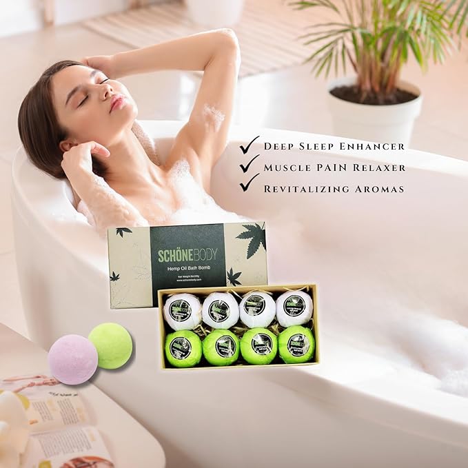 8 Pack Hemp Bath Bombs Set for Muscle Therapy & Relaxation | Large Vegan Fizzy Spa Gift for Women & Men | Natural Lavender, Mint Oils Moisturize Dry Skin & Soothe Stress, Wife Stocking Stuffers Gifts