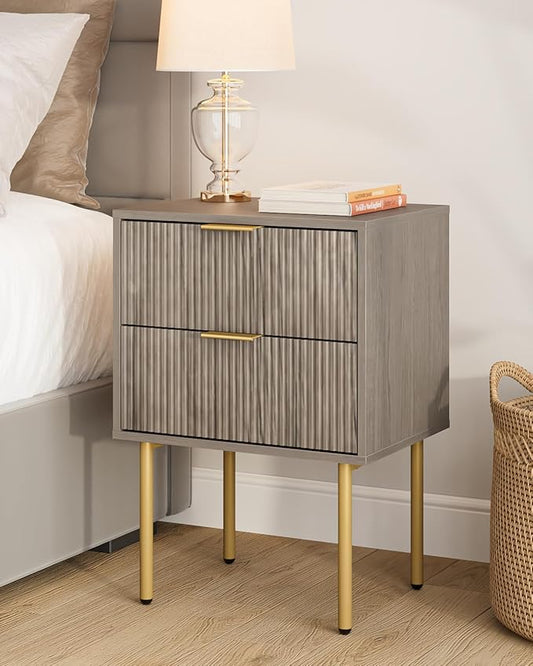 Masupu Night Stand,Mid-Century Modern Bedside Table with 2 Storage Drawer,Small Gold Frame Side End Table for Bedroom,Living Room, Grey
