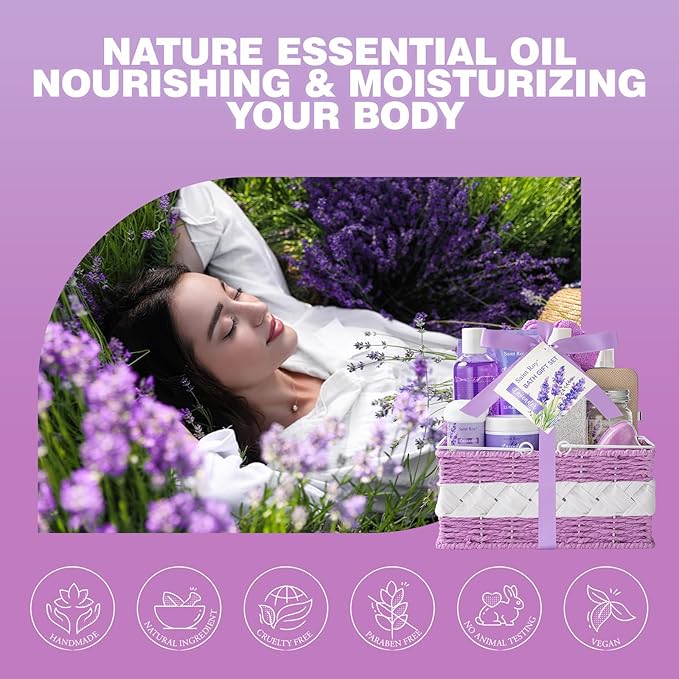 Large Spa kit for women gift set, 20 PCS Spa Gift Baskets Christmas Gifts for Women Bath Kit with Lavender gifts spa gift set Basket For Women, Luxury Self Care Home Spa Kit Lavender Bath Gift Basket