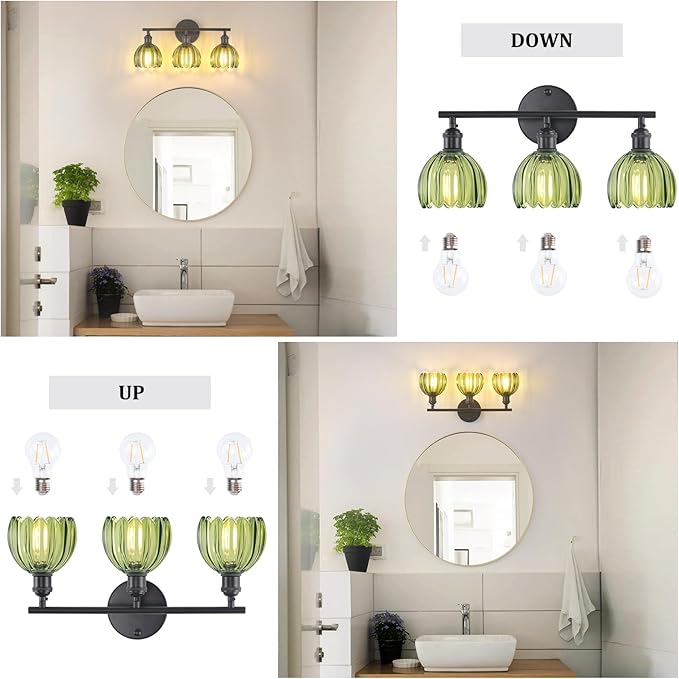 Bathroom Light Fixtures, 3-Light Black Vanity Wall Light Over Mirror with Green Tulip Glass Shade for Bedroom Living Room (Bulb Not Included)