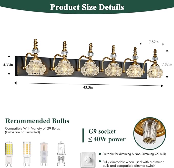 6-Light Vintage Bathroom Vanity Light Fixture Industrial Black Gold with Glass Shade Vanity Light Fixtures Over Mirror Glass Bathroom Vanity Lighting Fixtures G9 Bulb Wall Lights