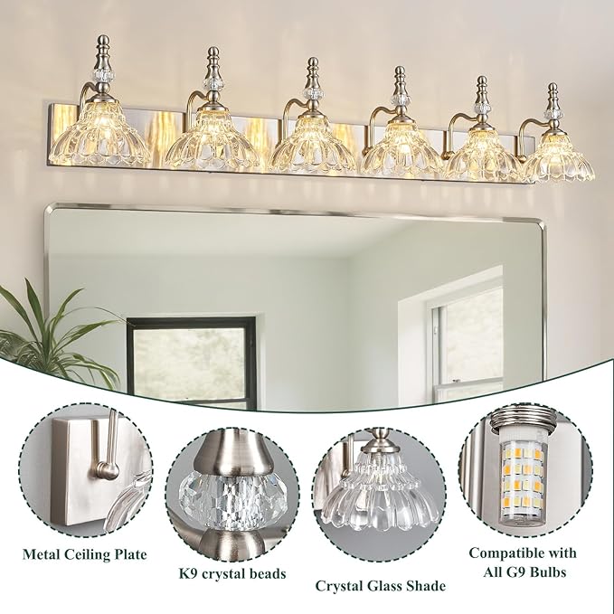 Vintage Bathroom Vanity Light, 6-Light Brushed Nickel Vanity Lighting Fixture with Flower Glass Shade, Bathroom Lighting Fixtures Over Mirror