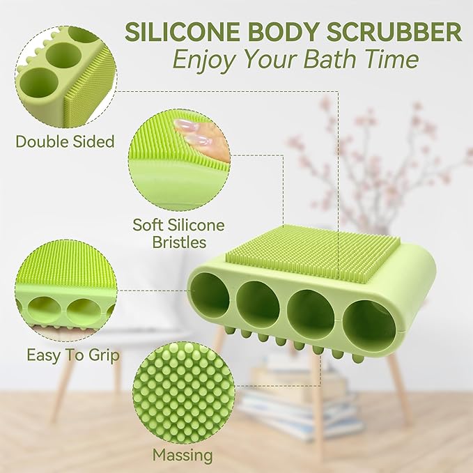 1PCS Silicone Body Scrubber Exfoliator- Bath Loofah & Sponges Alternative 4-Finger Non-Slip Grip Face & Scalp Scrubber for Sensitive Skin Body Brush for Men & Women (Yellow-Green)