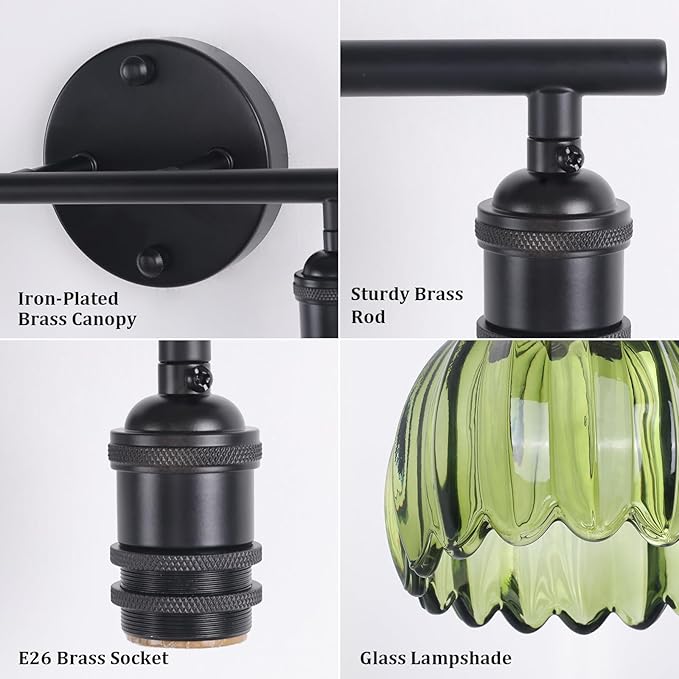 Bathroom Light Fixtures, 2-Light Black Vanity Wall Light Over Mirror with Green Tulip Glass Shade for Bedroom Living Room (Bulb Not Included)