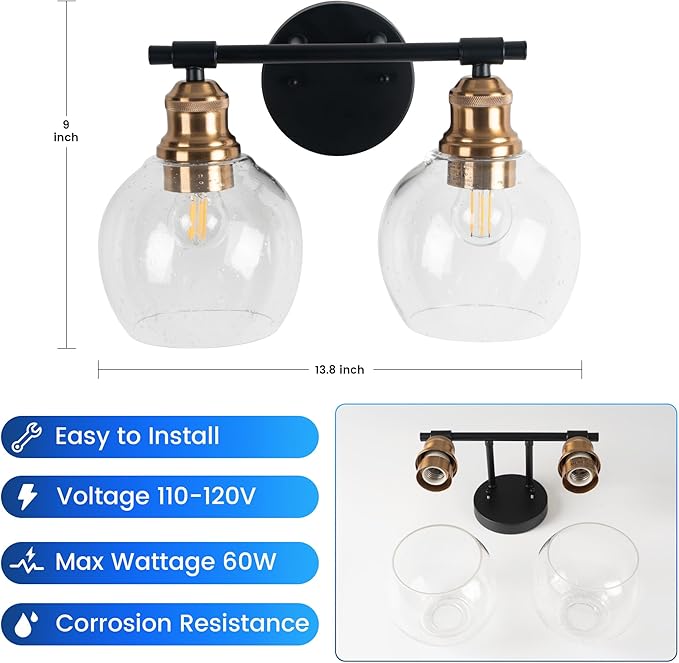 Bathroom Vanity Light Fixtures, 2-Light Bathroom Light Fixtures, Modern Bathroom Vanity Light Over Mirror with Seeded Glass Shade, Farmhouse Wall Sconces Lighting for Bedroom Hallway