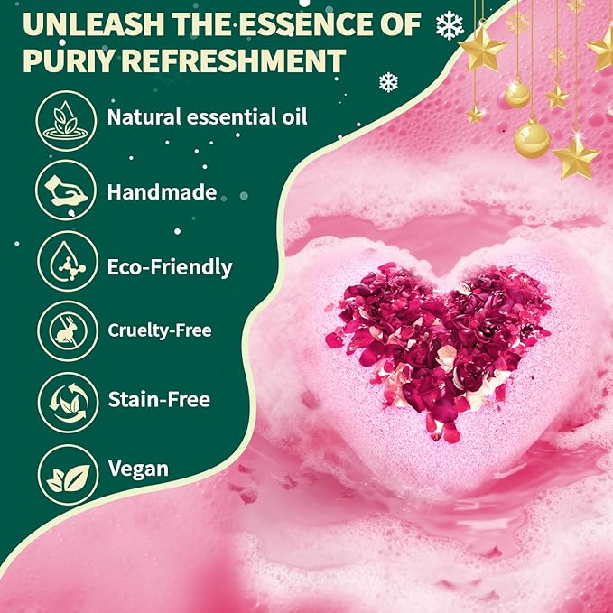 Christmas Bath Bombs Stocking Stuffers for Women Mom Her Gifts Set, Organic Heart Shaped White Elephant Gifts for Adults, Handmade Natural with Rose Essential Oil, Perfect Teen Girl Gifts for Wife