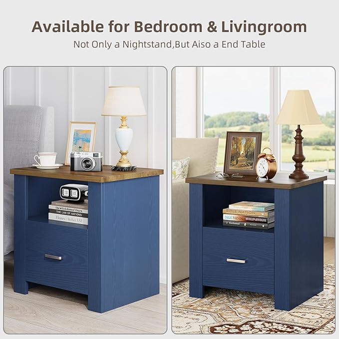 4ever2buy Farmhouse Nightstand with Storage Drawer, Bedside Table with Metal Handle&Open Wood Shelf, Rustic End Table for Bedroom, Living Room, Blue