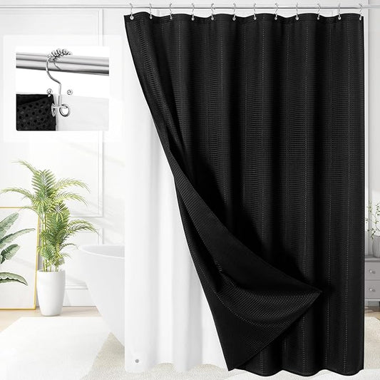 3 in 1 Shower Curtain Set, Black Waffle Shower Curtain and PEVA Liner Set with 12 Stainless Steel Shower Curtain Hooks, Waterproof Fabric Shower Curtains for Bathroom, 72 W x 72 H