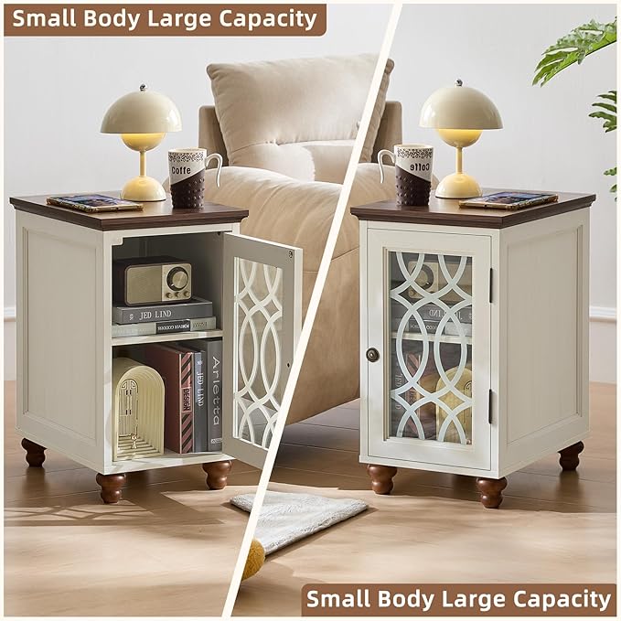 Narrow Side Table with Glass Door, 18 x 14'' Night Stand with Adjustable Shelf Storage Cabinet Organizer, Bedside End Tables Wood Nightstand for Small Spaces Living Room Bedroom