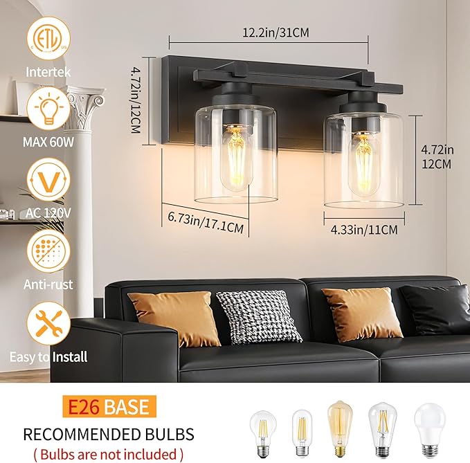 2 Light Modern Bathroom Light Fixtures Over Mirror, Bronze Finish Vanity Lights for Bathroom Wall Sconces with Clear Glass Shades, E26 Socket (Bulbs Not Included)