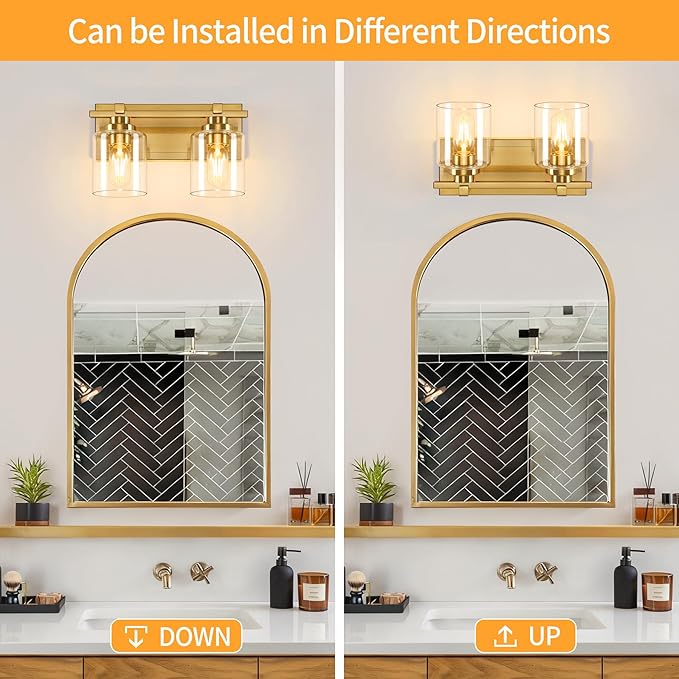 2 Light Modern Bathroom Light Fixtures Over Mirror, Brass Finish Vanity Lights for Bathroom Wall Sconces with Clear Glass Shades, E26 Socket (Bulbs Not Included)