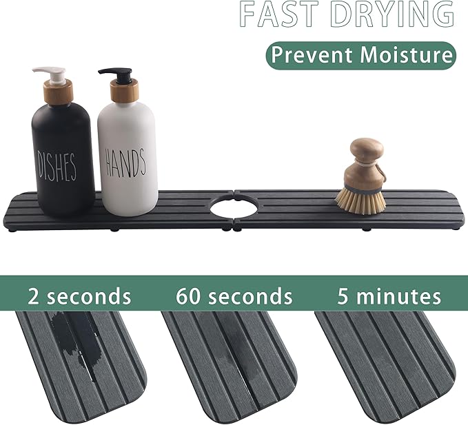 23.6inch x 4inch Kitchen Sink Faucet Mat, Water Absorbing Stone Faucet Splash Guard for Bathroom Counter, Quick Drying Diatomite Tray for Kitchen Sink, Dark Gray