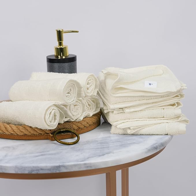 Tens Towels Pack of 60 Washcloths, 12 x 12 Inches, Lighter Weight, Quick to Dry, Super Soft & Absorbent, Gentle Face Towels, Hotel Quality, Perfect for Bathroom, Gym, Spa (Ivory, 60 Pack)