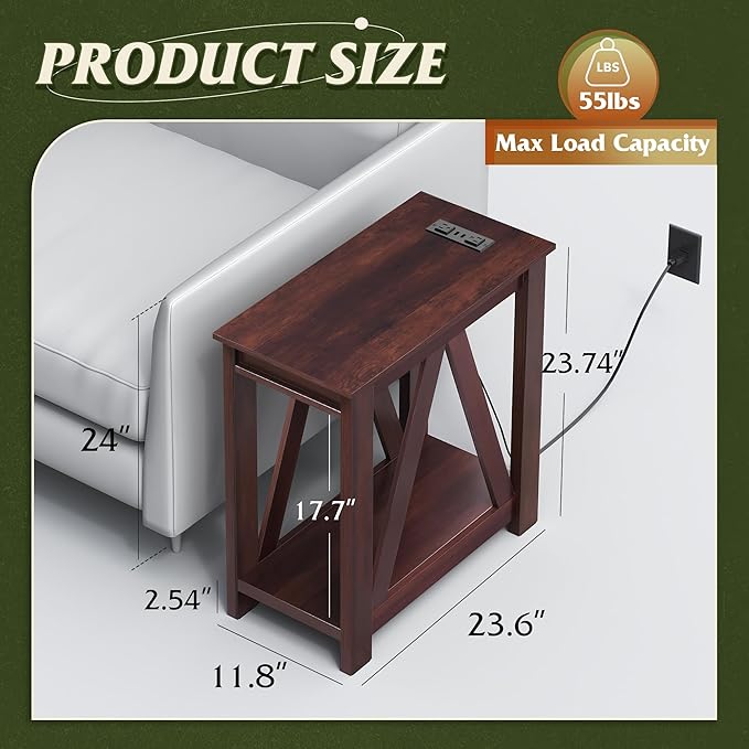 WLIVE Narrow End Table with Charging Station of Open Storage Shelf，Sofa Side Table with 2 USB Ports and 2 Power Outlets，Slim Farmhouse End Table for Small Spaces, 11.8" D x 23.6" W x 23.74" H