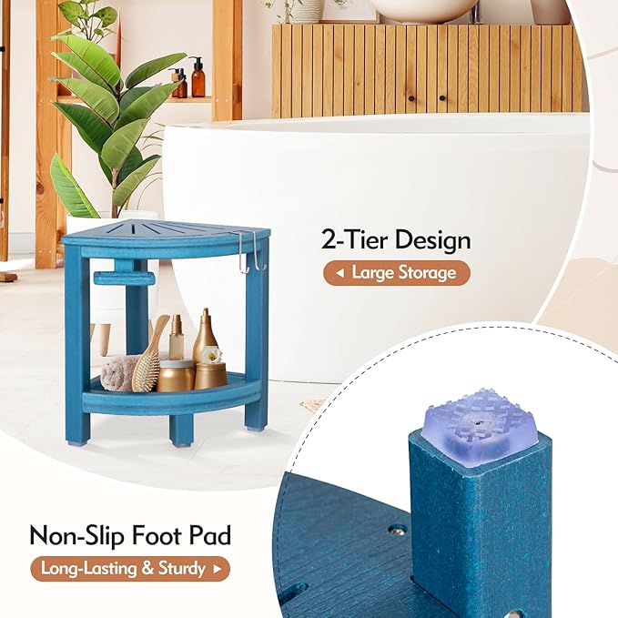 2-Tier Corner Shower Stool with Hooks & Soap Dish, HDPE Shower Bench for Shaving Legs, Wood-Like Shower Stool for Inside Shower with Non-Slip Foot Pads, Waterproof Shower Foot Rest (Blue)