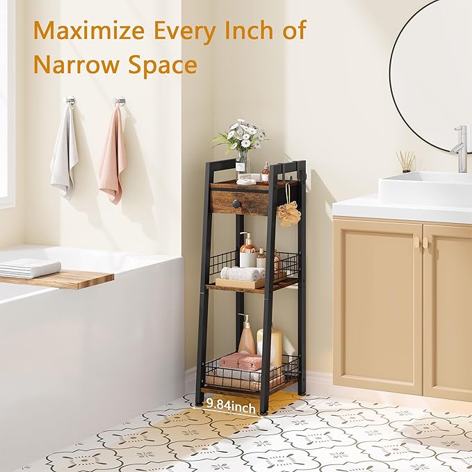 3-Tier Narrow Bathroom Ladder Shelf with Drawer, Bathroom Floor Storage Shelf, Freestanding Tower Shelf Ladder Bookshelf Brown