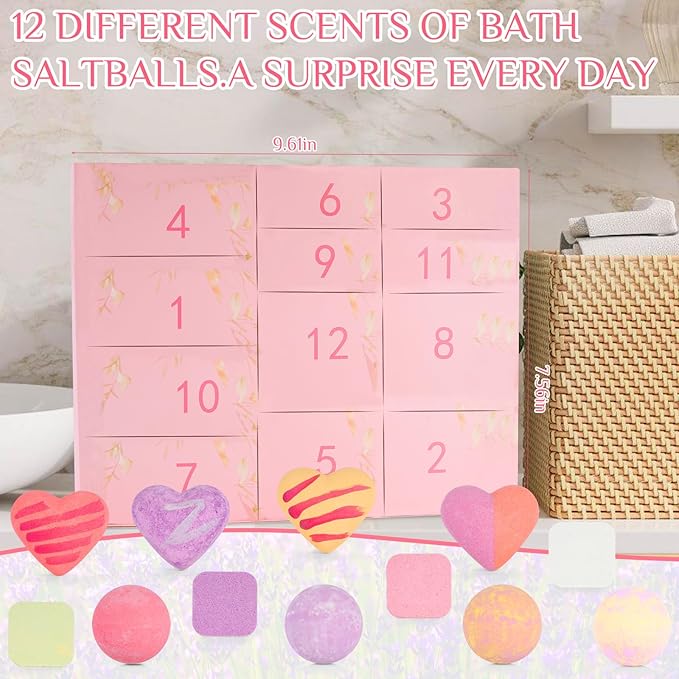 2025 Advent Calendar for Women, 12 Pcs Bath Salts & Shower Steamers Aromatherapy Gift Set, Christmas Countdown Box with Soothing Scents for Relaxation & Stress Relief (12 Pcs)