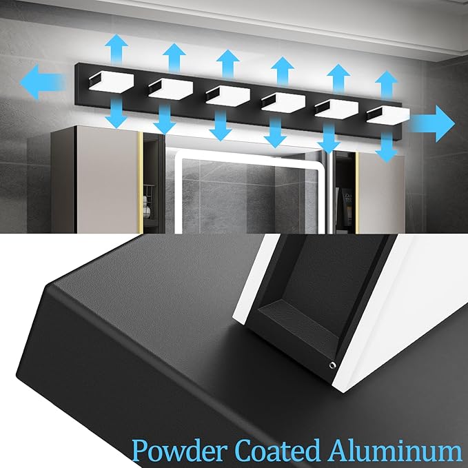 Aipsun Black Modern Bathroom Light Fixtures - 6 LED Vanity Lights, Over Mirror (White Light, 6000K)