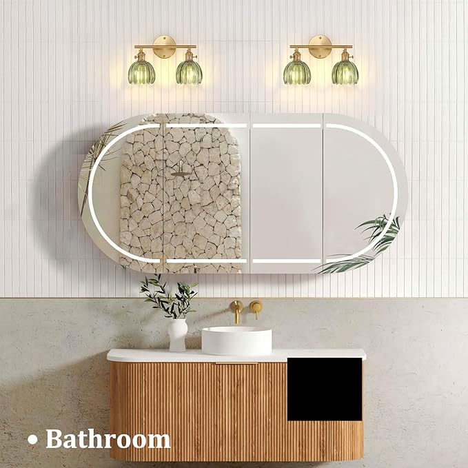 Bathroom Light Fixtures, 2-Light Brass Vanity Wall Light Over Mirror with Green Tulip Glass Shade for Bedroom Living Room (Bulb Not Included)
