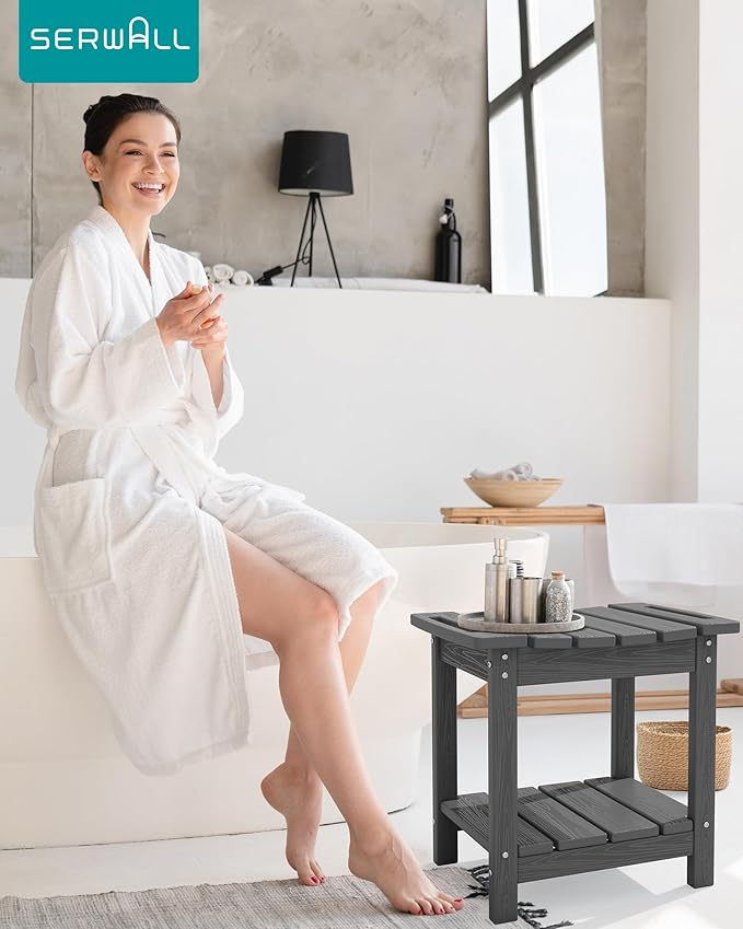 SERWALL Shower Bench, 18" Shower Stool for Inside Shower, HDPE Waterproof Shower Seats for Adults with Storage Shelf & Handles, 360 lbs Capacity- Gray