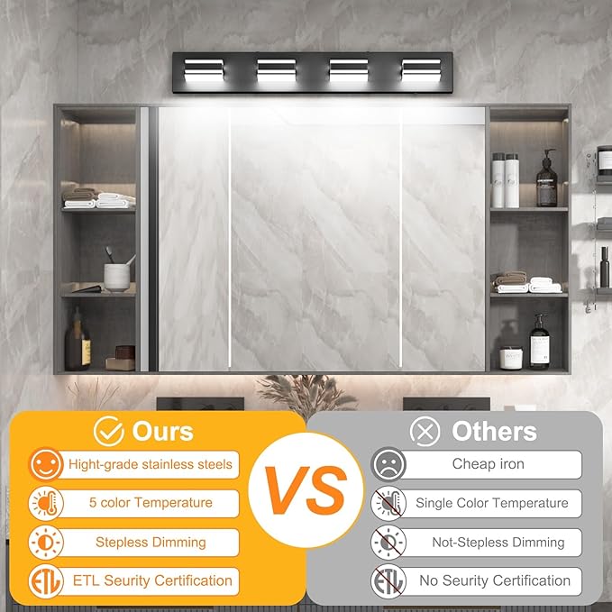 Ralbay 30inch Black Vanity Light for Bathroom with 5 Color Temperatures (3000K-6000K) Dimmable Metal Acrylic Modern LED Matte Black Bathroom Light Fixtures (4-Light)