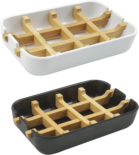 2 Pack Bamboo Soap Dish, Self-Draining Soap Box, Wooden Bamboo Bar Soap Holder for Shower, Bathroom, Kitchen, Bathtub, Bar Sink (White and Black)