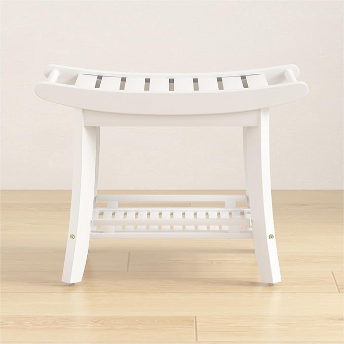 Bamboo Shower Bench Chair Bathroom Shower Stool Seat for Inside Shower Bathtub with Storage Shelf Shower Foot Rest for Shaving Legs 25.2 x 13 x 19.2 Inches White
