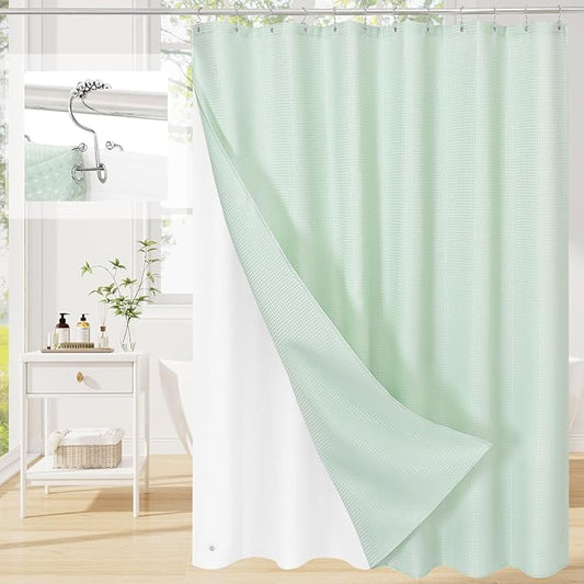 3 in 1 Long Mint Green Shower Curtain Set-72 W x 78 H, Modern Waffle and PEVA Liner Set with 12 Stainless Steel Hooks, Waterproof Fabric for Bathroom