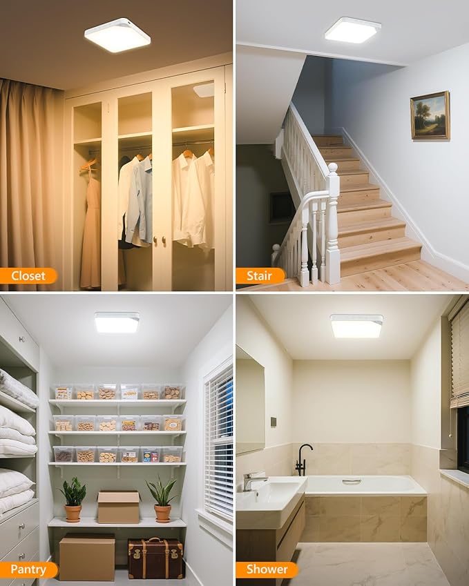 Rechargeable 8W Motion Sensor Ceiling Light Indoor, Wireless Magnetic Stick on Closet Light, Remote Control for Color & Brightness, Battery Operated Light for Shower, Bathroom, Pantry, Hallway, 2-Pack