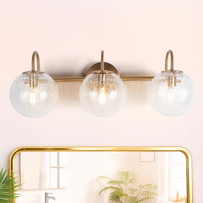 Gold Bathroom Light Fixture, Vanity Lights Over Mirror 3 Light Bathroom Vanity Light with Cracked Glass Globe Shade, Modern Wall Sconce Lighting for Bedroom, Kitchen Living Room Hallway Cabinet