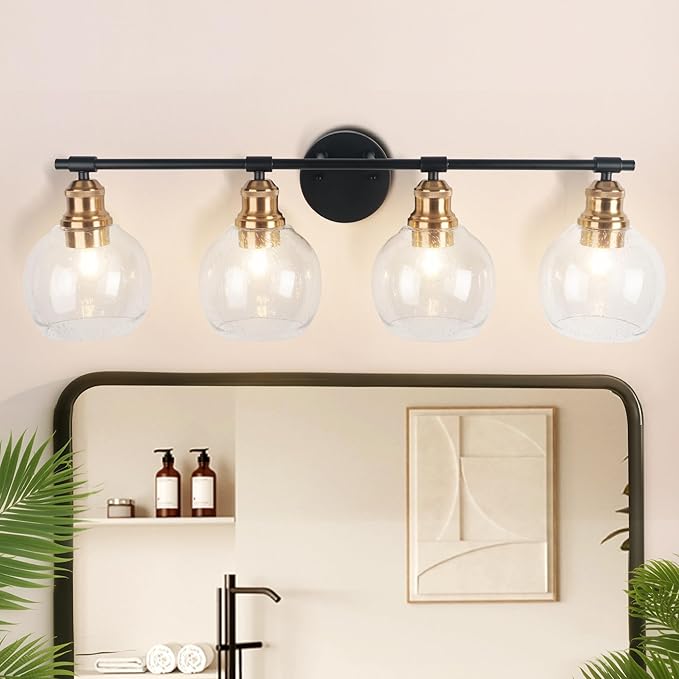 Modern Wall Light Fixtures, 4-Lights Vanity Lights, Black and Gold Bathroom Wall Sconce Over Mirror Vanity Lights with Clear Seeded Glass Lampshade for Bedroom Living Room Dressing Table