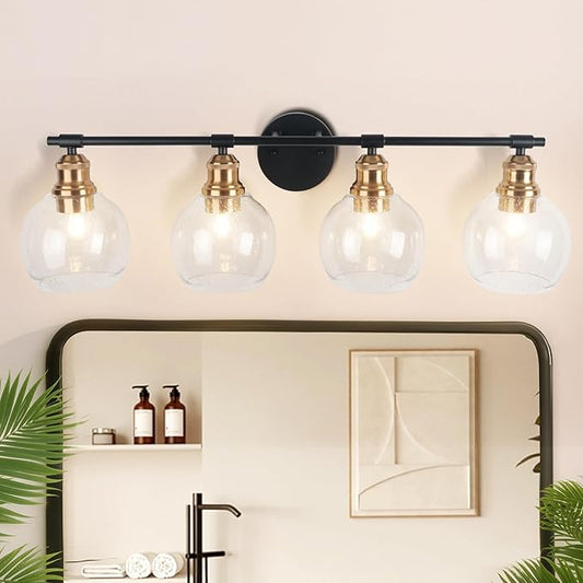 Modern Wall Light Fixtures, 4-Lights Vanity Lights, Black and Gold Bathroom Wall Sconce Over Mirror Vanity Lights with Clear Seeded Glass Lampshade for Bedroom Living Room Dressing Table